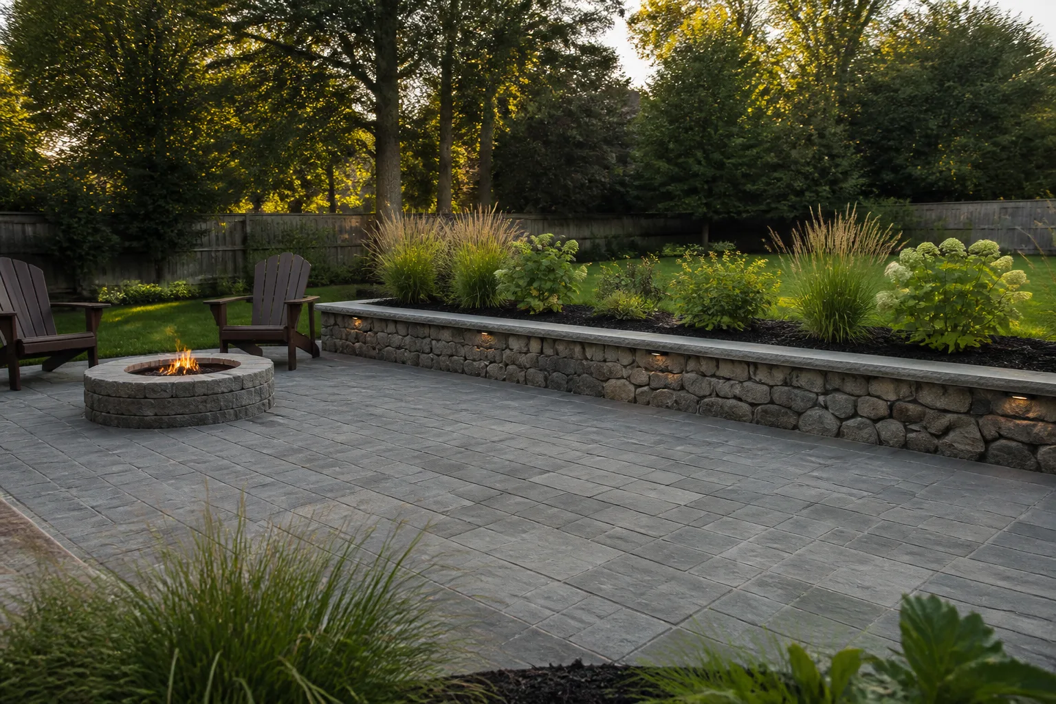 Finished backyard paver patio with stone retaining wall and planting bed
